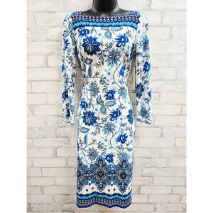 NWT Eliza J Womens Blue White Floral Boat Neck Sheath Dress Size 2 EJ0M5420